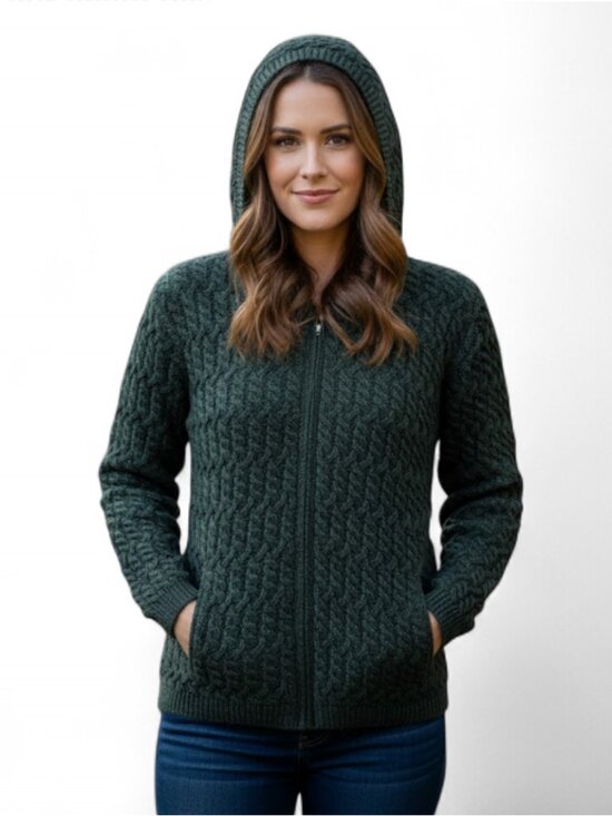 Aran Crafts 100% Merino Wool Hooded Zip Cardigan Sweater Forest Green Size M - Picture 1 of 6